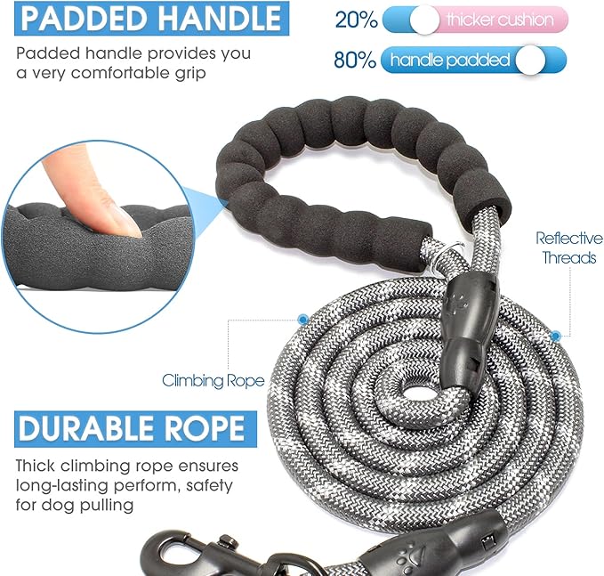 BAAPET 2/4/5/6 FT Dog Leash with Comfortable Padded Handle and Highly Reflective Threads for Small Medium and Large Dogs (6FT-1/2'', Grey)
