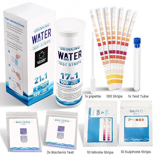 Water Testing Kit for Drinking & Well Water, Home Test Kit | 21-in-1 Kit, 120 Sealed Strips + 2 Bacteria Tests, Detects Lead Chlorine Nitrate Iron pH, Home Tap Well Pool RV Aquarium