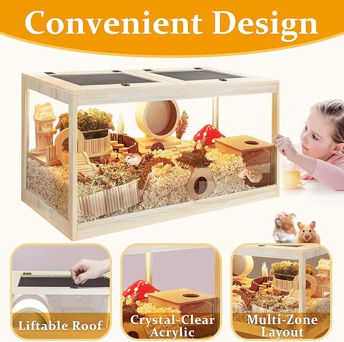 PROLEE Hamster Cage with Metal Mesh Top, Chewproof Wooden Guinea Pig Cages, Mice and Rat Habitat,Large Hamster Cages with Acrylic Sheets Solid Built (24X16X16 Inch)