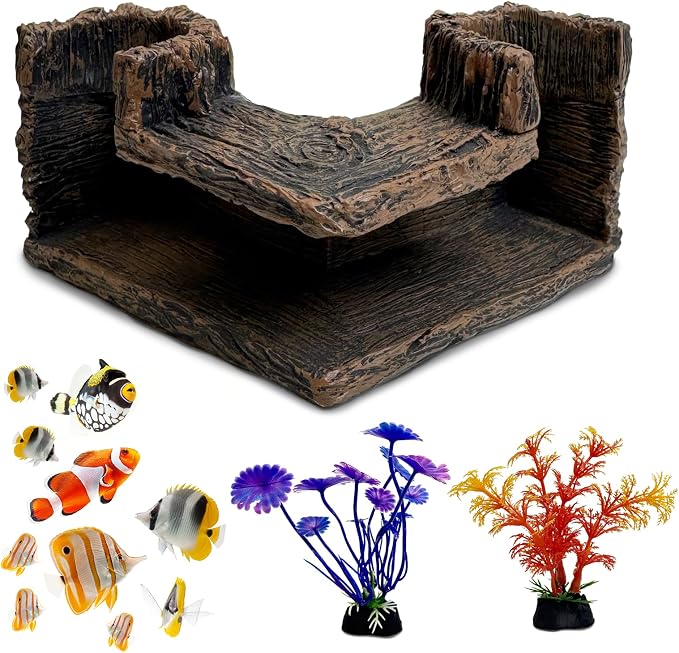 kathson Aquarium Hideaway Cave Underground Tunnel Hideout Resin Rock Dual Hole Hideout for Corners View Fish in Aquarium Decoration with 2PCS Plastic Aquatic Plants for Betta Shrimp Guppy Hide