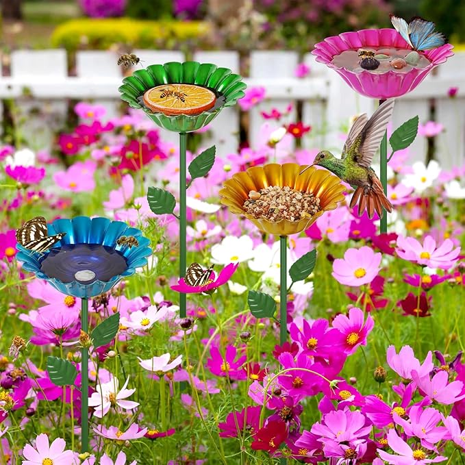 Large Bee Watering Station, 4 Pack Small Bird Bath for Outside, Metal Butterfly Feeders Bowl with 5.32'' Flower Design Bee Bath for Garden Decor (Classic-Flower 4-Pack)