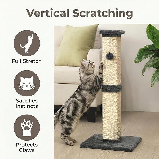 32" Tall Cat Scratching Post, Cat Scratcher with Heavy Duty Thick Wood Base, Cat Tower with Natural Sisal Rope and Hanging Ball, Plant-Like Design Scratching Post, for Small and Adult Kittens, Grey