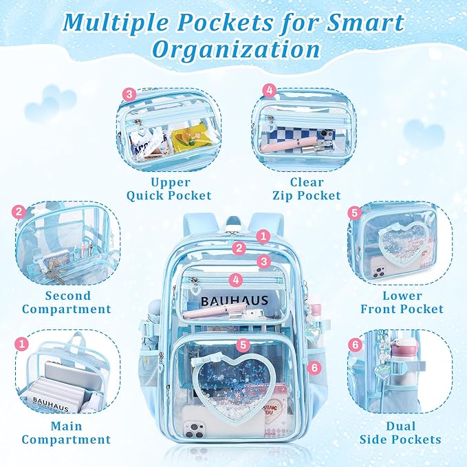Clear Backpack for School Girls, Cute Heavy Duty PVC Transparent Bookbag, See-Through Bag for Stadium Event Blue