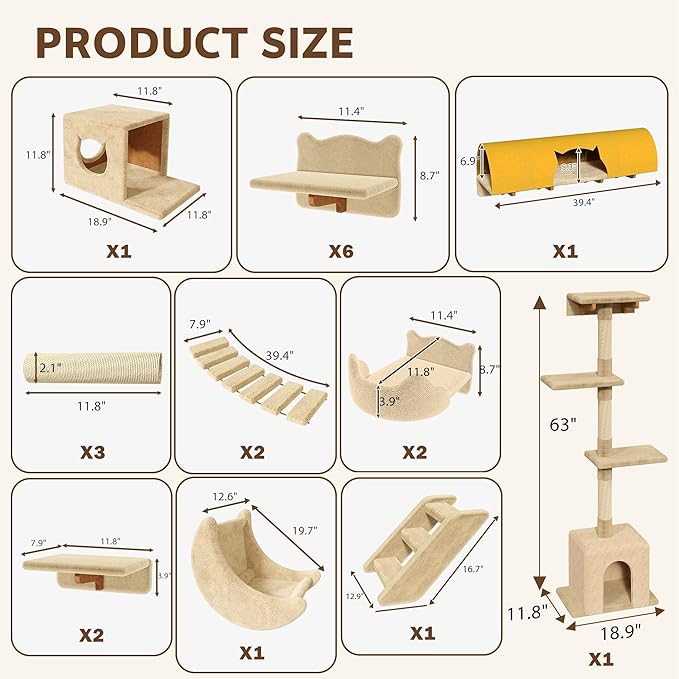 Cat Wall Shelves with Cat Tree, 26-in-1 Wall Mounted Pet Furniture with 40''L Tunnel, Scratching Posts, House, Step and Floating Bridge, Cat Climbing Wall Systems with 63'' Cats Tower, Beige