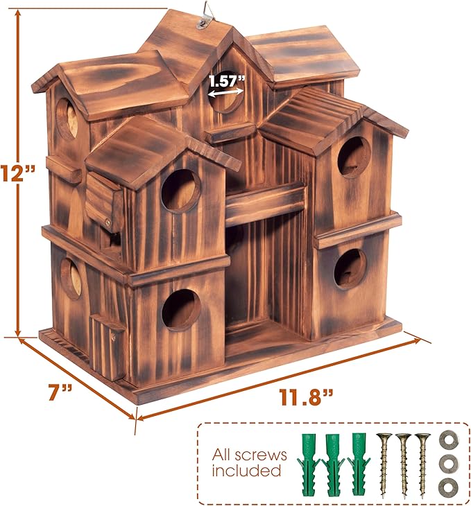 MIXUMON Wooden Bird Houses for Outside – 10 Rooms Multi-Chamber Bird House, Carbonized Pine Rustic Finish, 1.57" Entrance Holes, Individual Cleaning Doors, Decorative Outdoor Bird Nesting Box