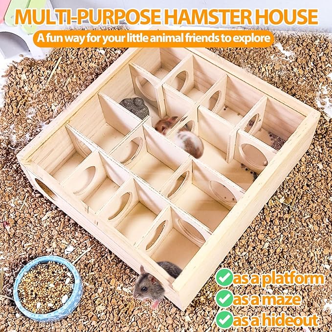 kathson Wooden Hamster Maze House with Transparent Cover,Multi-Chamber Syrian Hamster Hideout Hut,Gerbil Tunnel Exploring Toys Maze Hiding for Dwarf Hamsters,Mice,Small Animals