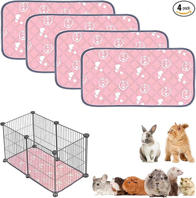 4 Pack Guinea Pig Bedding - Washable Guinea Pig Liners for C&C 2x1 Cage, Waterproof Reusable & Anti Slip Pee Pads Super Absorbent Mats for Small Animal Rabbit Hamster Rat (Pink, 28 x 14 Inch)