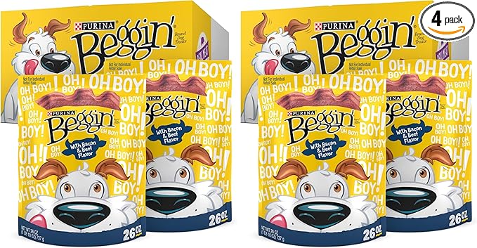 Purina Beggin' Strips with Real Meat Dog Treats with Bacon and Beef Flavors - 26 oz. Pouches,(Pack of 4)