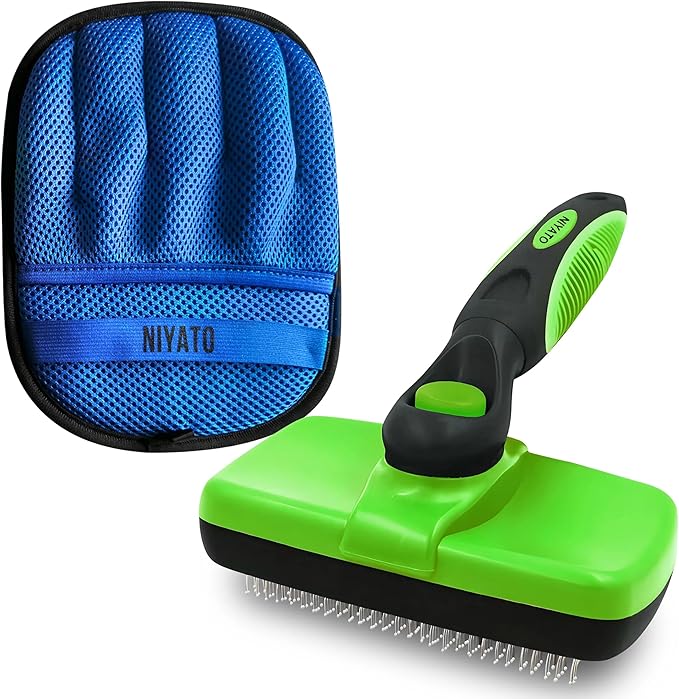NIYATO Self cleaning Slicker Brush and Magic Pet Hair Remover Glove. A Brush for Cat and Dog Shedding and De-shedding, and a Cleaning Mitt with Improved Design. Suitable for Long and Short haired pets