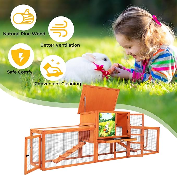 COZIWOW 82” Extra Large Fashion Wooden Outdoor Rabbit Hutch Bunny Cage Indoor Easy to Assemble and Durable with Cleaning Tray & Waterproof Roof for Small & Medium Bunny Rabbit Duck Chick (Orange)