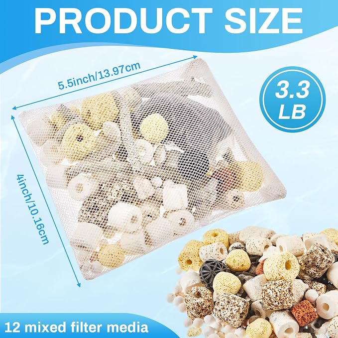Timgle 3 Bags Aquarium Filter Media Bio Balls Ceramic Rings Set 1500 g Total 3.3 lb 12 in 1 with Mesh Bag Ceramic Rings for Aquarium Filter Pond and Fish Tank Accessories Decorations