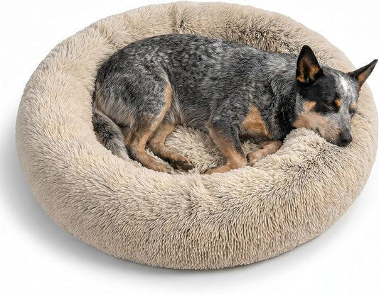 Best Friends by Sheri The Original Calming Donut Dog Bed for Medium Dogs up to 45 lbs, Shag Faux Fur, Taupe, Medium, 30" x 30"