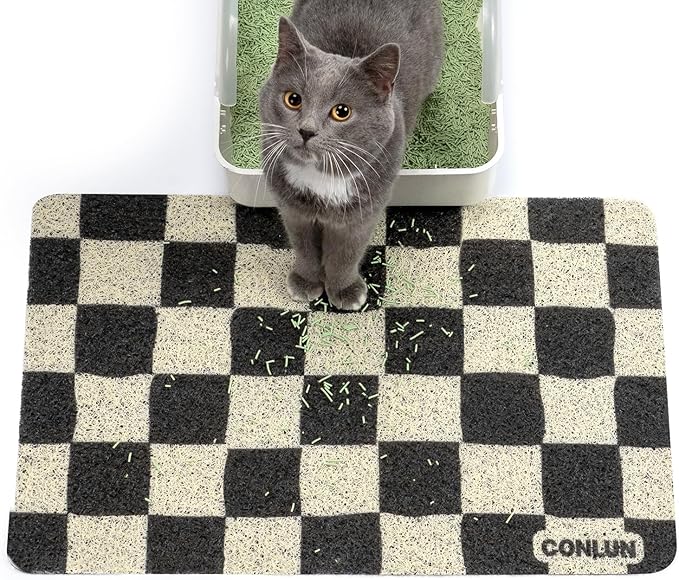 Conlun Cat Litter Mat Litter Trapping Mat, Premium Durable PVC Cute Cat Litter Box Mat, Non-Slip, Less Waste Kitty Litter Mat, Soft on Kitty’s Paws, 24”x 17” cat matts for litter, Chessboard