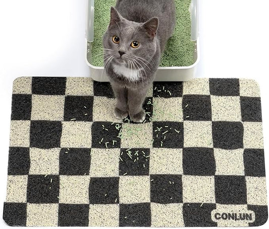 Conlun Cat Litter Mat Litter Trapping Mat, Premium Durable PVC Cute Cat Litter Box Mat, Non-Slip, Less Waste Kitty Litter Mat, Soft on Kitty’s Paws, 24”x 17” cat matts for litter, Chessboard