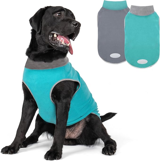 cyeollo 2 Pack Fleece Dog Sweater Vest Stretchy Dog Sweatshirt for Dogs with Reflective Stripe Pet Clothes for Medium Dogs Boy, Teal & Grey XXL