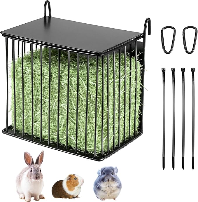 Upgraded Hay Rack for Rabbits, Bunny Feeder for Guinea Pigs Chinchillas, Black, Hanging Hay Feeder with Lid, Bunny Feeding Holder, Metal, Square, Chinchilla Cage Accessories