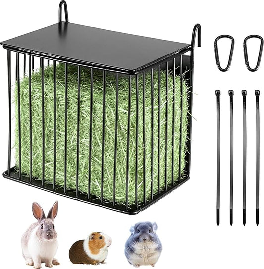 Upgraded Hay Rack for Rabbits, Bunny Feeder for Guinea Pigs Chinchillas, Black, Hanging Hay Feeder with Lid, Bunny Feeding Holder, Metal, Square, Chinchilla Cage Accessories
