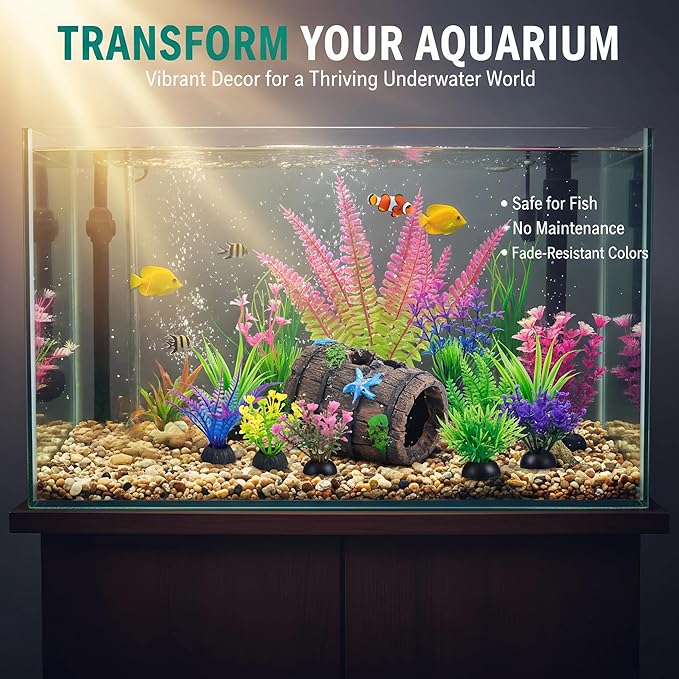 Ameliade 11 Aquarium Plants & Fish Tank Broken Barrel Cave Decorations Set | Broken Barrel Cave and Soft Artificial Plastic Plants Decor Accessories for Betta Goldfish Tank, Small Fish Bowl Ornaments