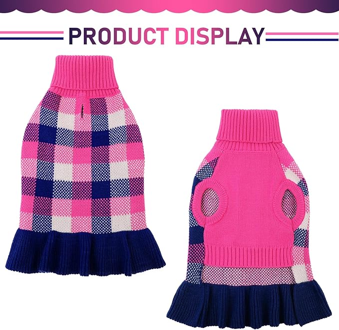 Dog Sweater Dress Plaid Knitwear for Small Medium Dogs Warm Puppy Pet Turtleneck Stretch Pullover Cute Fall Winter Vest Clothes with Leash Hole for Christmas (Navy, XL)