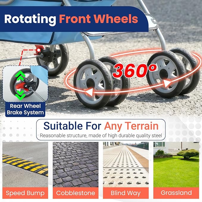 BestPet 4 Wheels Pet Stroller Cat Dog Cage Stroller Travel Folding Carrier 04T