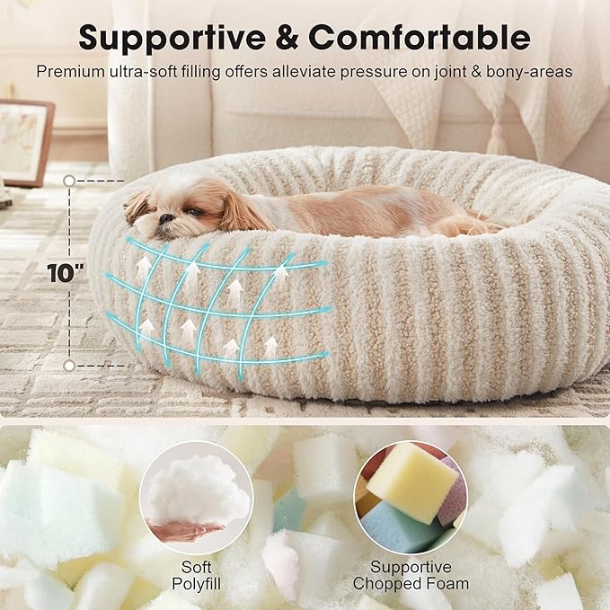 MIXJOY Dog Beds Large Sized Dogs, Washable Dogs Bed with Removable Cover, Cozy Donut Dog Ded Fluffy Plush Faux Fur Pet Bed with Anti-Slip Bottom, 36"x36"x10", White