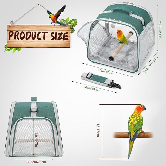 Small Bird Carrier, Large Window Travel Cage with Stand and Easy Clean Tray for Parrot Parakeet Cockatiels, Lightweight and Portable, Green