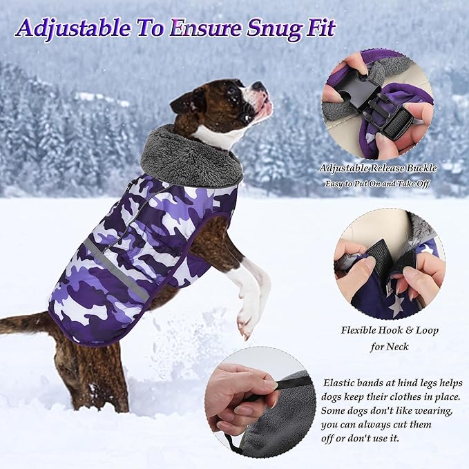 Dogcheer Warm Dog Coat, Waterproof Dog Jacket Christmas Puppy Winter Coat with Buckle, Reflective Adjustable Pet Snow Jacket Turtleneck Fleece Sweater for Small Medium Large Dogs - Camo Purple, XL