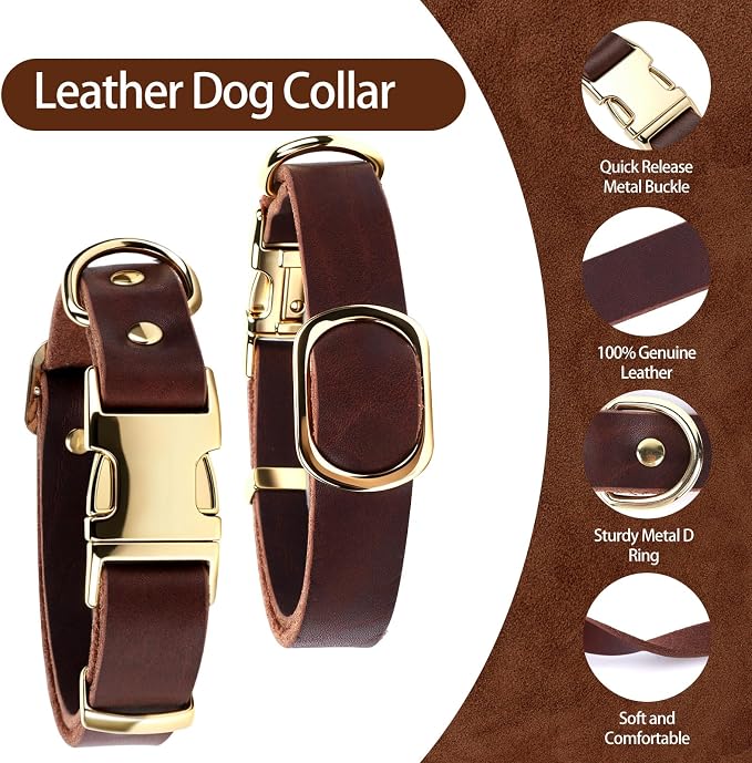 Leather Dog Collar and Leash Set, 5FT Heavy Duty Leather Training Leash with Adjustable Dog Collar, Soft and Durable Dogs Leashes and Collars Set for Small Medium Large Dogs (Brown, S)