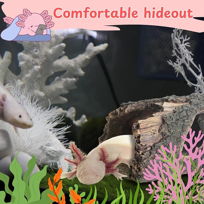 1pcs Axolotl Hides for Aquarium with 2pcs Nitrifying Ball Set, Driftwood Axolotl Cave Hideout and Aquarium Filter Balls, Fish Tank Decor, Shelter for Small Pet Frog Fish Betta (Resin Driftwood, M)