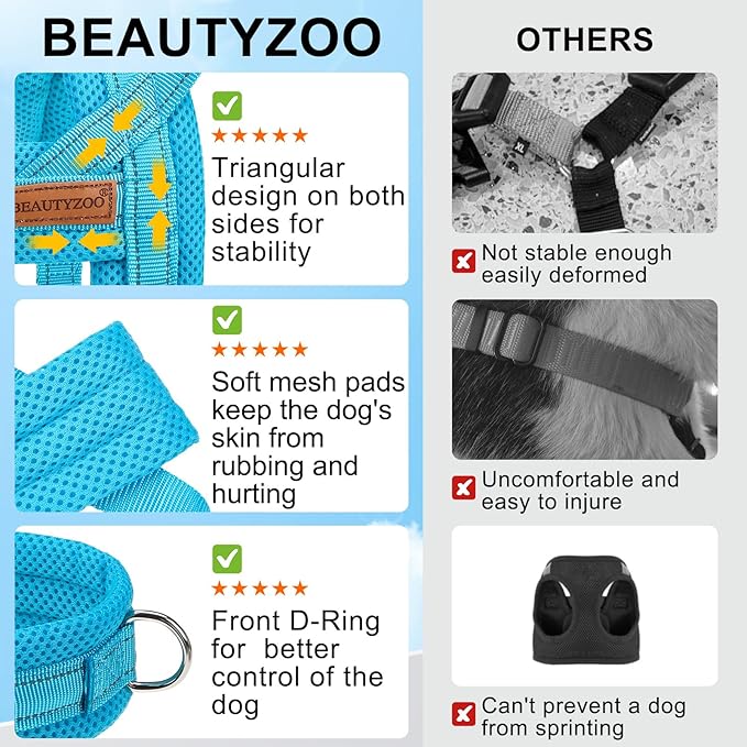 BEAUTYZOO No Pull Dog Harness Medium Sized Dog, Breathable Mesh Padded Dog Harness and Leash Set, Adjustable Reflective Escape Proof Dog Vest Harnessss Quick Fit for Training Walking, Blue M