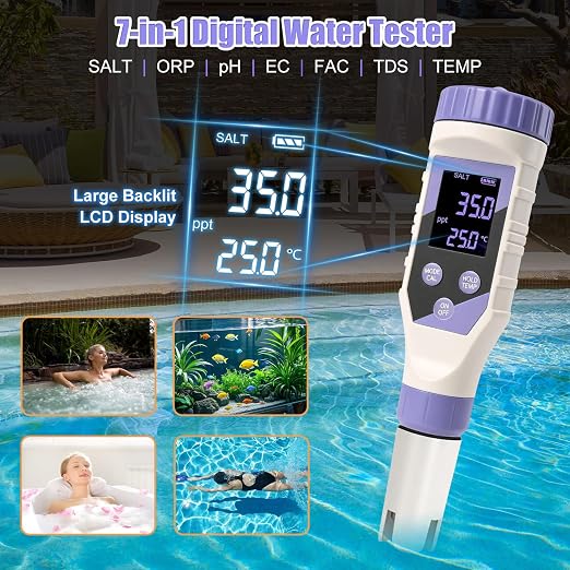 7-in-1 Digital Pool Water Tester – Chlorine, pH,Salt,ORP, EC, TDS&Temp Meter for Saltwater Pools, Hot Tubs, Spas, Complete Digital Pool Chemical Tester for Safe&Healthy Swimming