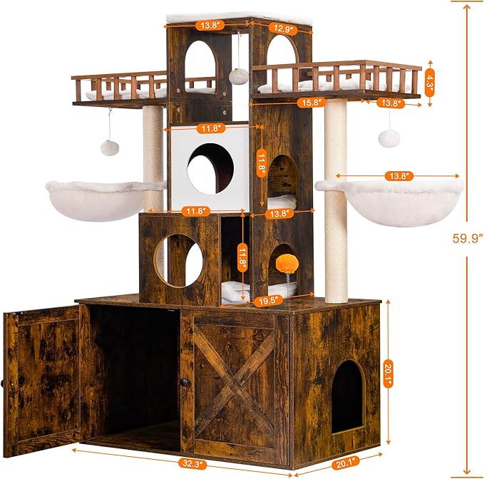 Heybly Cat Tree with Litter Box Enclosure for Indoor Big Cat, Cat Tower for Large Cats 20lbs Heavy Duty, Modern Cat Condo Furniture with Scratching Posts, Rustic Brown HCT110SR