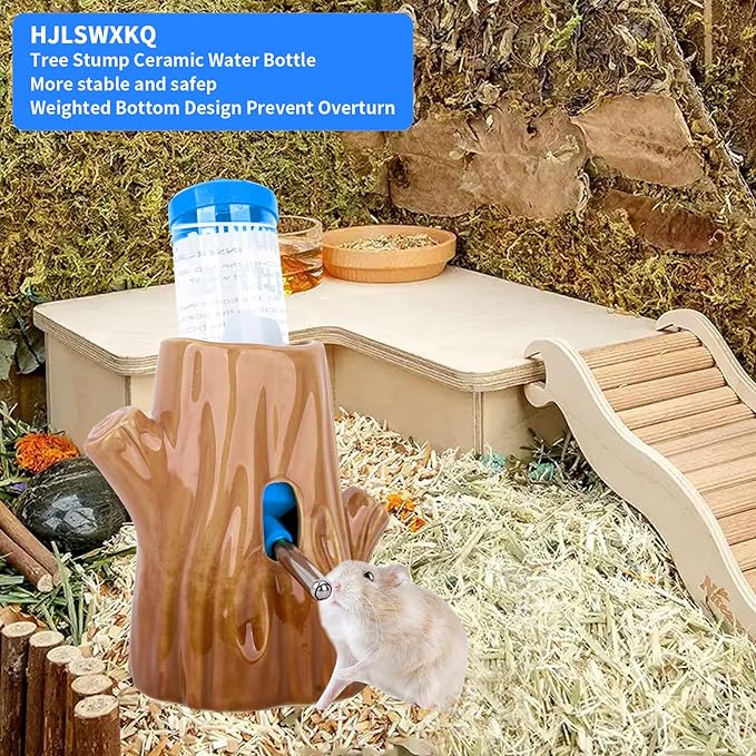 Stump-Shaped Ceramic Hamster Water Bottle - Leak Proof Small Animal Waterer with Bracket, 4.27oz(125ML) for Syrian Dwarf Hamster, Mice, Chinchillas (Brown+Blue, Middle Size)