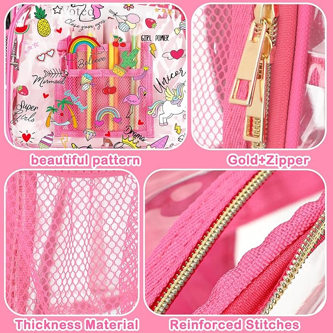 Kacctyen 3 Pcs Clear Backpack Heavy Duty Clear Stadium Bag Transparent Backpack with Lunch Bag(Hot Pink,Luau)