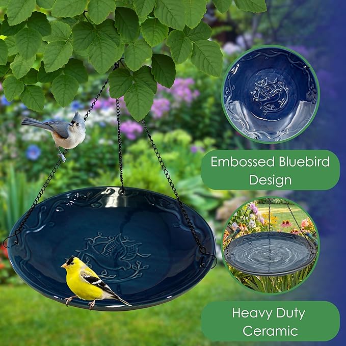 Blue Ceramic Bird Bath Bowl - Hanging Bird Baths for Outdoors - 12-Inch Glazed Ceramic Bowl with Embossed Bluebird & Flower Design - Metal Chain & Hook