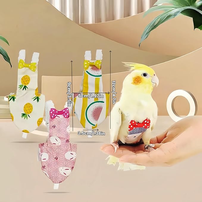 2Pcs Bird Diapers Bird Harness Flight Suits Diapers with 80 Inch Flying Leash Parrot Nappy Washable Cute Urine Wet Suit for Cockatiel Conure Macaw Budgies Parakeet-Pineapple&Watermelon,S