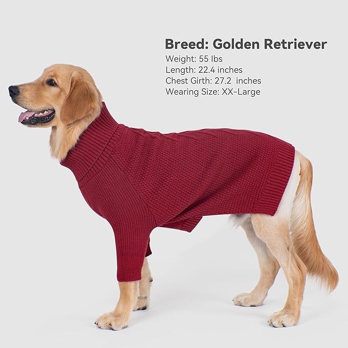 cyeollo Dog Christmas Sweater Knitwear with Long Sleeves Turtleneck Pullover Sweaters Fall Winter Dog Clothes Sweaters for Large Dogs, Burgundy XXXL