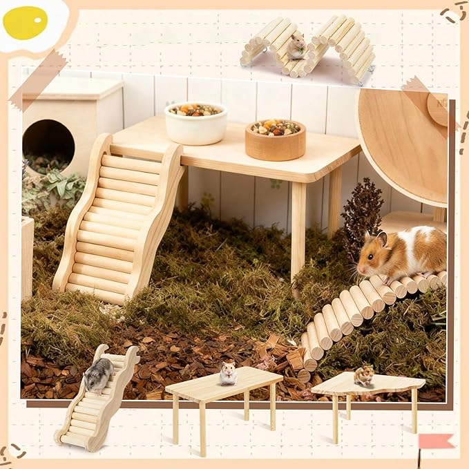 BreezeHug 4 Pcs Hamster Platform Hideout Wooden Tunnel Ladder Playhouse Hamster Game Climbing Toy with Platform Cage Accessories for Pets Dwarf Syrian Mice Degus Gerbils Squirrel(Climber)