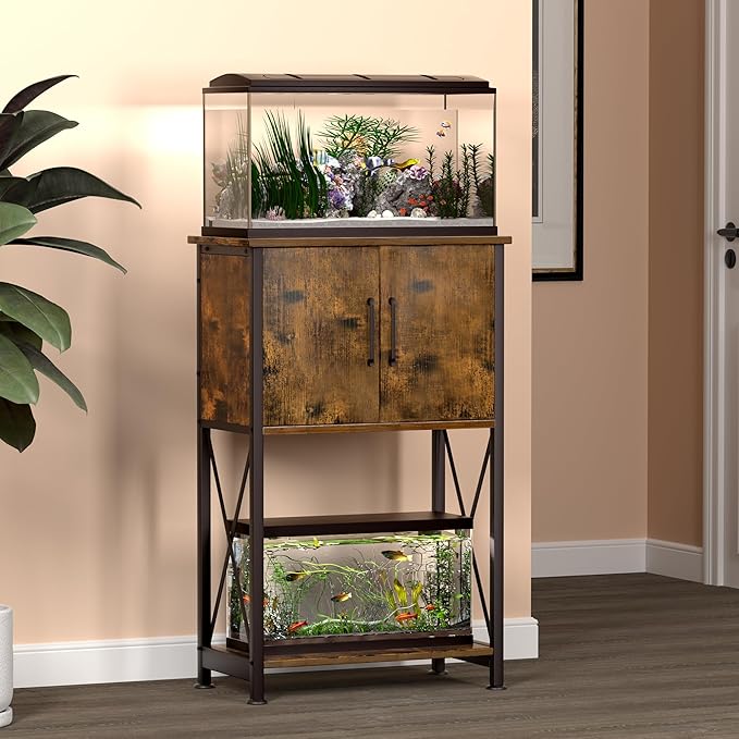 Herture 5-10 Gallon Fish Tank Stand, Metal Double Aquarium Stand with Cabinet for Fish Tank Accessories Storage, Heavy Duty 20.5" L* 11.02" W Tabletop, 500LBS Capacity Rustic Brown and Black PG06YGN