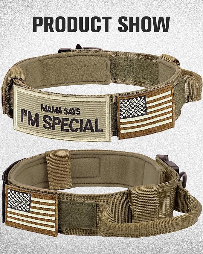 Joytale Tactical Dog Collar with Handle and Metal Buckle, Heavy Duty Padded Military Collar with 2 Patches for Training, Adjustable for Large Dogs, Khaki, L