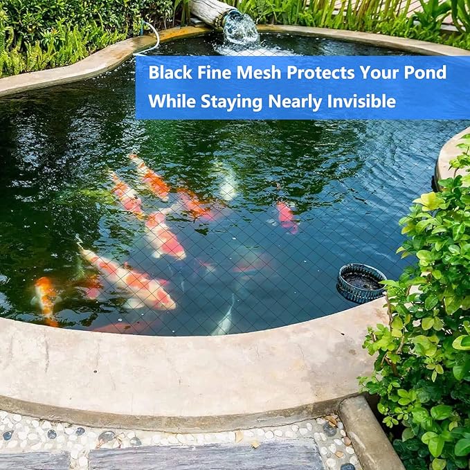 Koi Pond Netting Kit 28 x 30 FT, 3/8" Heavy Duty Woven Mesh Pond Net Cover for Leaves with 12 Stakes, HDPE Pool Netting Protecting Fish from Herons Birds Cats, Black