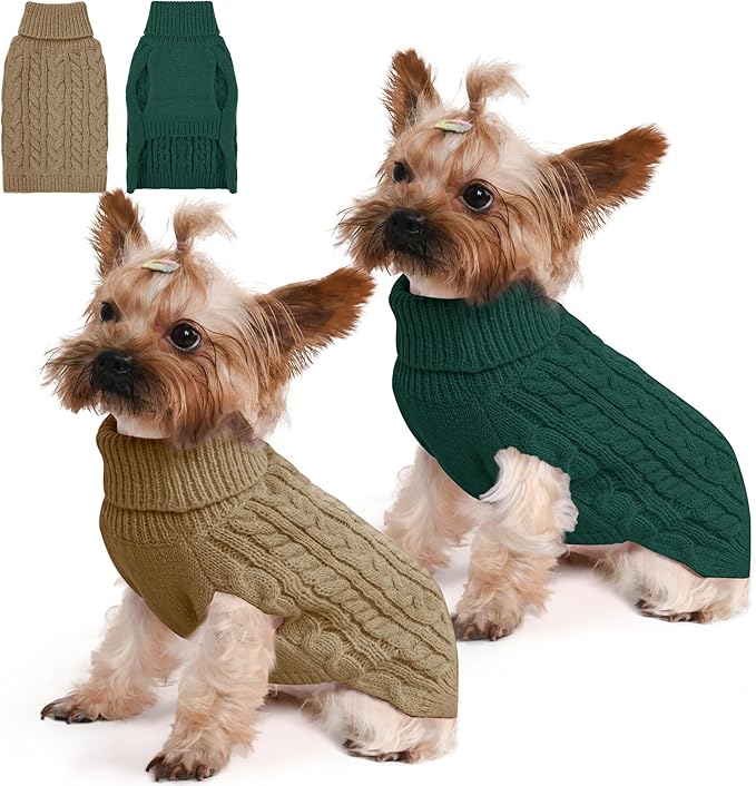 2 Pack Dog Sweaters for Small Dogs Winter Turtleneck Pullover Cable Knit Fleece Stretch Puppy Doggie Chihuahua Toy Poodle Yorkie Pomeranian Boy Girl Pet Clothes (XS, Green & Brown)