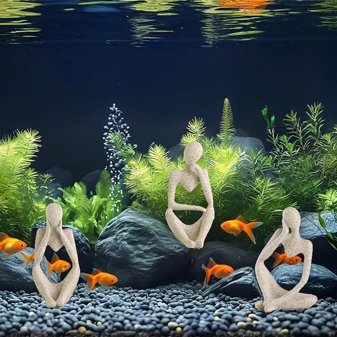 3 Pcs Fish Aquarium Decor Ornaments Minimalist Sandstone Thinker Statue Fish Tank Decorations Small Accessories Resin Abstract Home Decor Fish Toy for Betta Cichlid Goldfish Shrimps Hermit Crabs