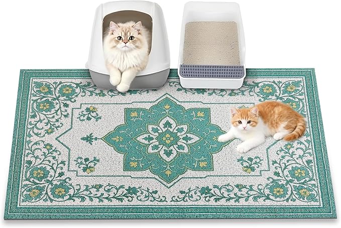 Cat Litter Mat, 35" x 23" Litter Box mat, Traps 100% Litter, Non-Slip Kitty Litter Trapping mats, Large Cute Litter mat, Easy Clean for Scatter Control, Bohe cat Food mat, Urine Waterproof