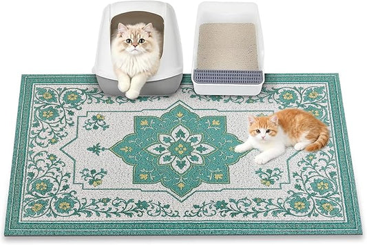 Cat Litter Mat, 35" x 23" Litter Box mat, Traps 100% Litter, Non-Slip Kitty Litter Trapping mats, Large Cute Litter mat, Easy Clean for Scatter Control, Bohe cat Food mat, Urine Waterproof