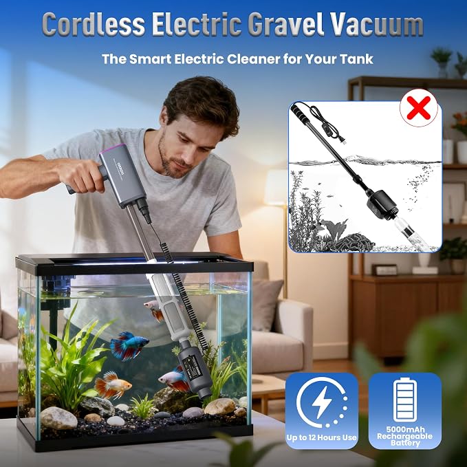 Cordless Aquarium Gravel Cleaner: 36W Electric Fish Tank Vacuum Cleaner | Rechargeable & 4 Adjustable Suction, Anti-Clog for Debris Clean & Sand Washing,Automatic Water Changer for 10-75 Gallon Tank