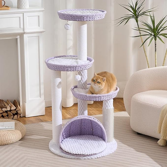 HITTITE Modern Cat Tree Tower with Scratching Post, 46 Inches Tall Cat Towers with Woven Cat Nests and Cave, Multi-Level Cat Tree With Removable Cushions and Massage Brush for Indoor Cats Large Adult.