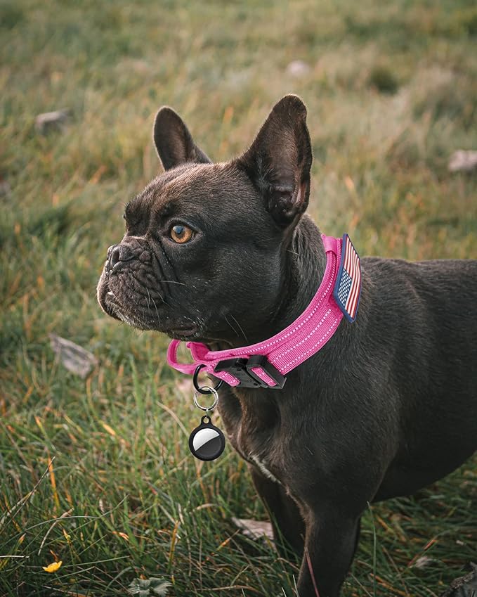 AUBELL Reflective Tactical Dog Collar,Adjustable Military Heavy Duty K9 Collars with Handle and Quick Release Metal Buckle Great for Extra Large Dogs, with Airtag Case and 2 Patches (Pink,XL)