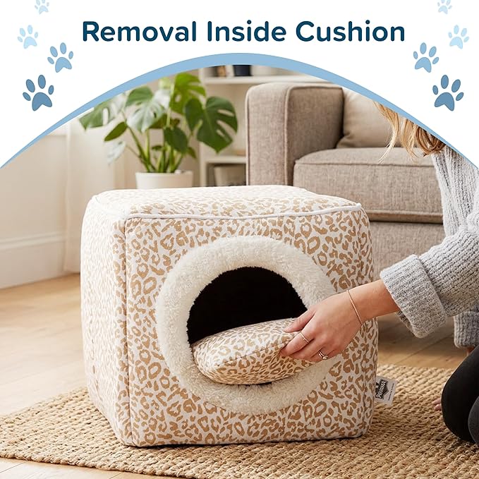 Cat Pet Bed Cave- Indoor Enclosed Covered Cavern/House for Cats Kittens and Small Pets with Removable Cushion Pad by PETMAKER, Tan/White Animal Print 13x12x12