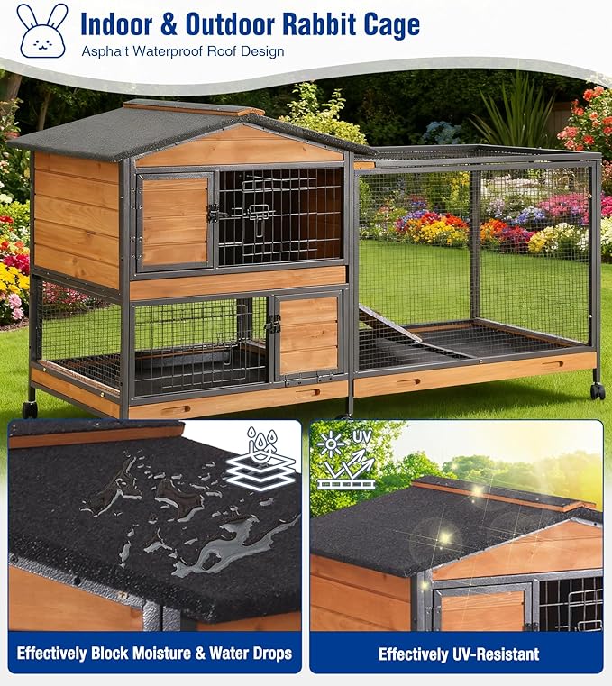 Large Rabbit Hutch Indoor with Chew-Proof Full Metal Frame, Bunny Cage Outdoor with 2-Story Guinea Pig Cages with 6 Wheels, 3 Pull-Out Trays, Waterproof Asphalt Roof, 62" L - Orange